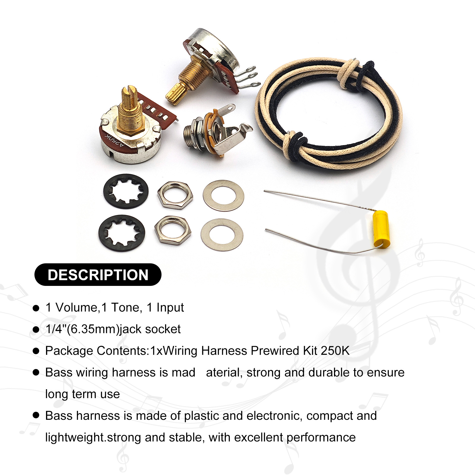Diy Guitar Electronics Kit - Bassgitarren-Kabelbaum 1 Lautstärkeregler 1 Tonregler Klinkenbuchse